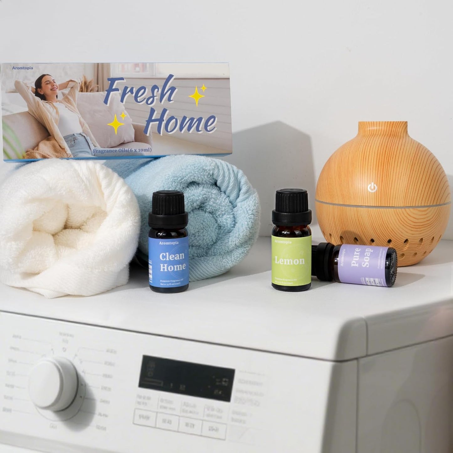Diffuser Fragrance Oils, Essential Oils for Diffusers for Home, 6x10ml Fresh Home Set, Clean Scents for Candle Soap Making, Dryer Ball, Fresh Linen, Crisp Breeze, Fresh Laundry, Lemon