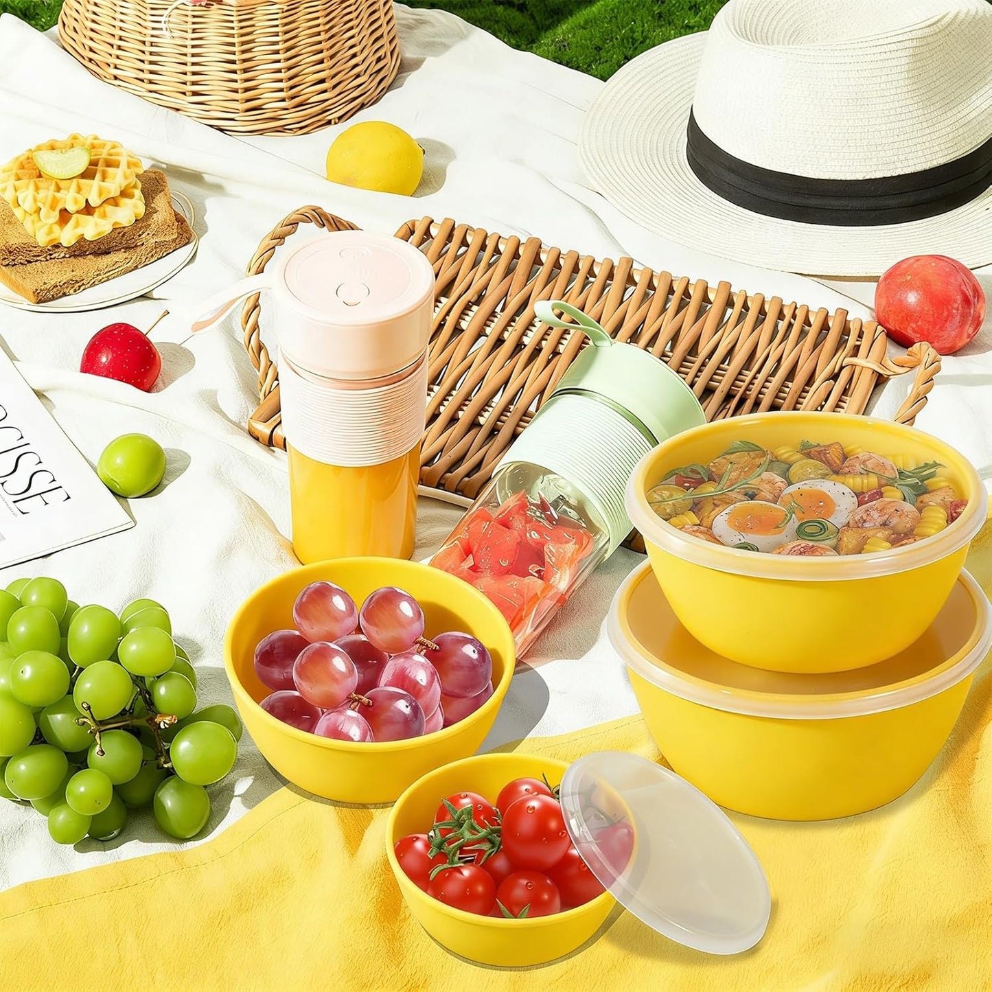 4-Piece Classic Plastic Prep Bowls with Lids, Nesting Plastic Small Mixing Bowl Set for Mixing, Baking, Prepping, Cooking and Serving Food, Microwave and Dishwasher Safe (Yellow)