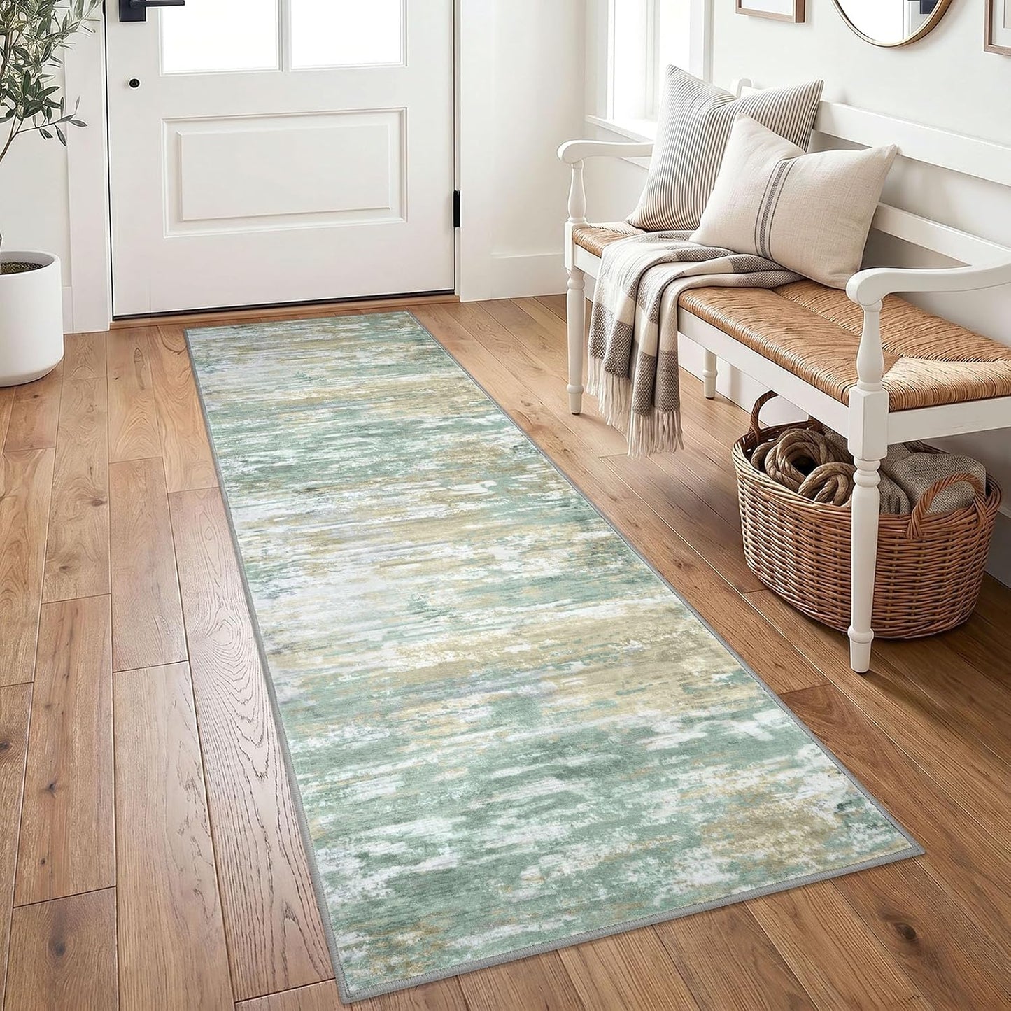 Modern Abstract Runners for Hallways 2x6 Washable Rug Runner Non-Slip Soft Striped Kitchen Runner Rug, Light Green Yellow Print Carpet Runner for Entryway Bathroom Laundry Room Foyer