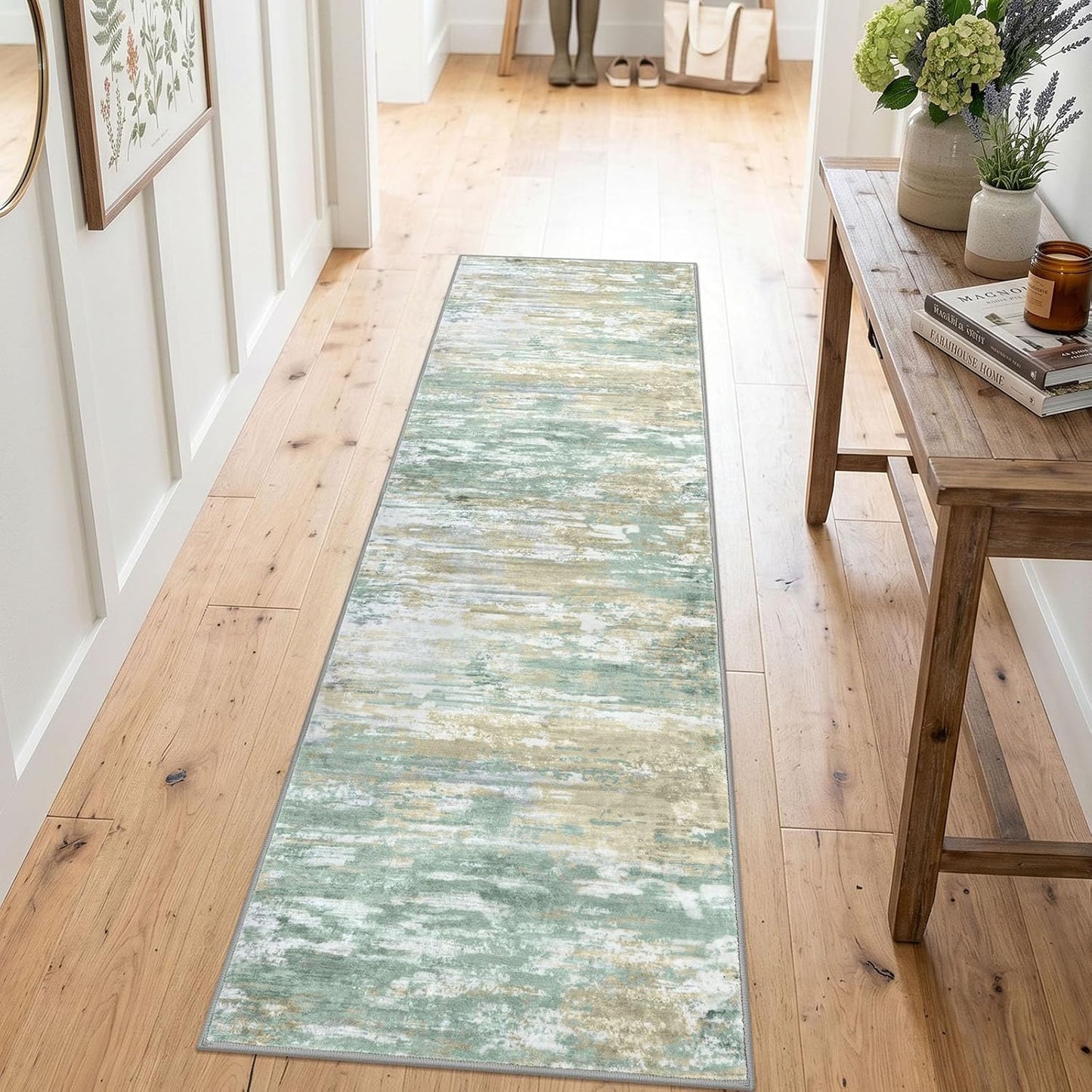 Modern Abstract Runners for Hallways 2x6 Washable Rug Runner Non-Slip Soft Striped Kitchen Runner Rug, Light Green Yellow Print Carpet Runner for Entryway Bathroom Laundry Room Foyer