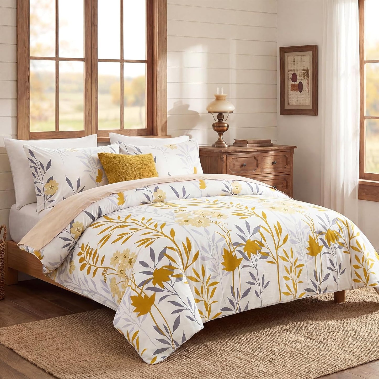 100% Cotton Duvet Cover Set King Size, Yellow Floral Bedding Set 3 Pcs Reversible Lightweight Comforter Cover for All Season(King, Yellow Botanical)