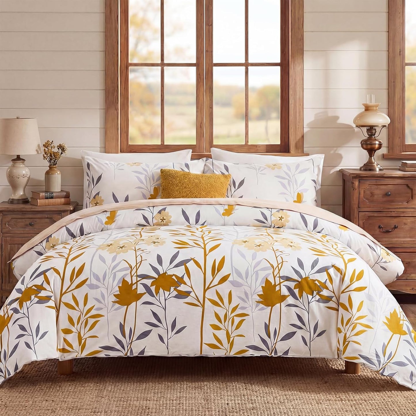 100% Cotton Duvet Cover Set King Size, Yellow Floral Bedding Set 3 Pcs Reversible Lightweight Comforter Cover for All Season(King, Yellow Botanical)