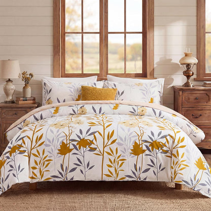 100% Cotton Duvet Cover Set King Size, Yellow Floral Bedding Set 3 Pcs Reversible Lightweight Comforter Cover for All Season(King, Yellow Botanical)