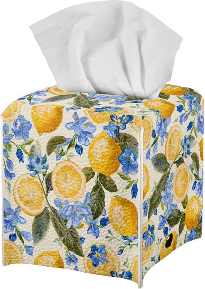 Hinthatall Lemon Tissue Box Cover Leaf Square Leather Tissue Holder Decorative Facial Tissue Cube Paper Cover Case Organizer for Bathroom Night Stands Desk Tabletop Living Room Home
