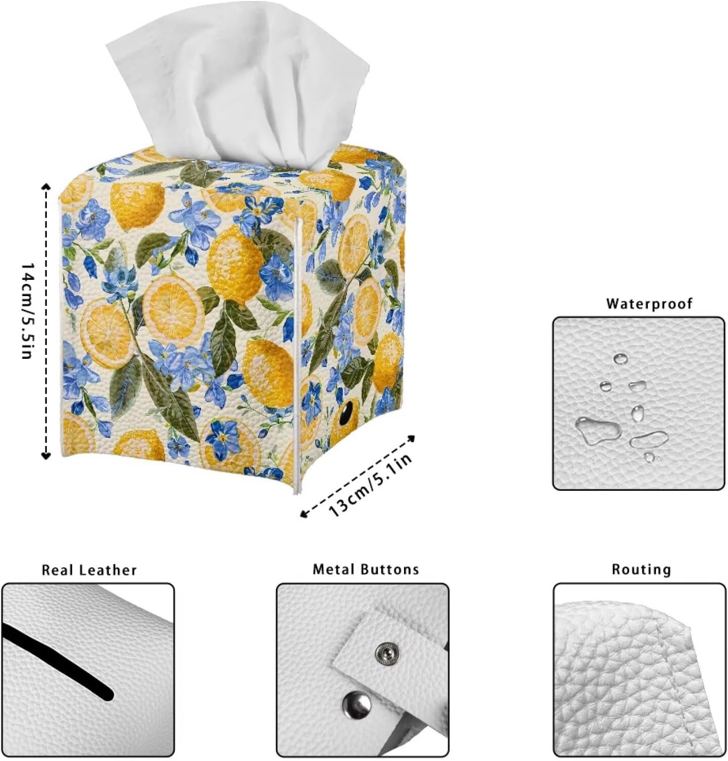 Hinthatall Lemon Tissue Box Cover Leaf Square Leather Tissue Holder Decorative Facial Tissue Cube Paper Cover Case Organizer for Bathroom Night Stands Desk Tabletop Living Room Home