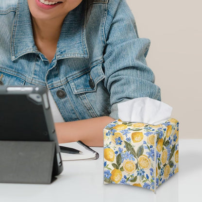 Hinthatall Lemon Tissue Box Cover Leaf Square Leather Tissue Holder Decorative Facial Tissue Cube Paper Cover Case Organizer for Bathroom Night Stands Desk Tabletop Living Room Home