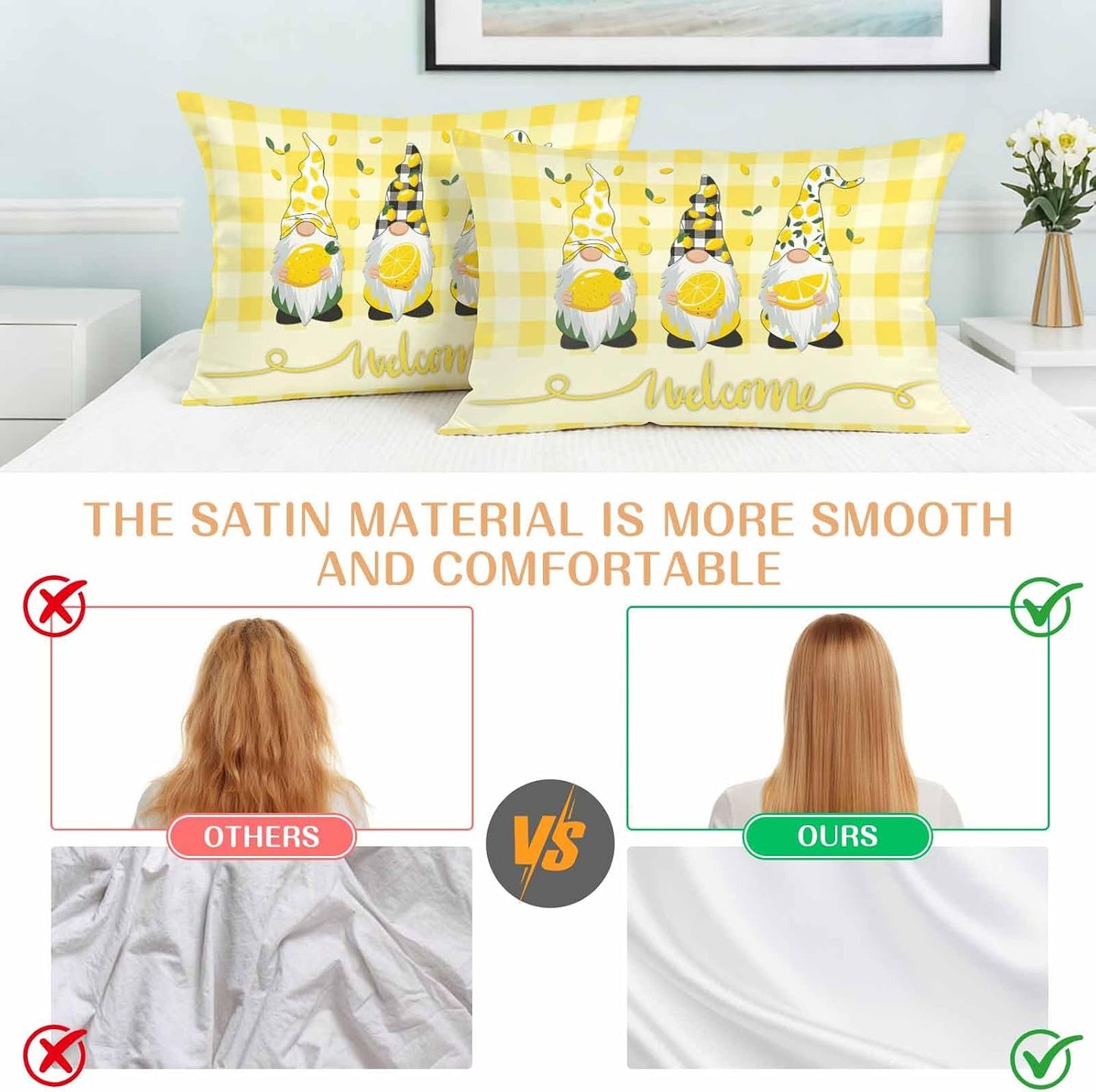 Vintage Fruit Gnomes Standard Pillowcase Set of 2, Summer Lemon Yellow Buffalo Satin Pillow Case Cover with Smooth Hidden Zipper Closure, Soft Throw Pillow Covers Cases 20 X 26 Inches