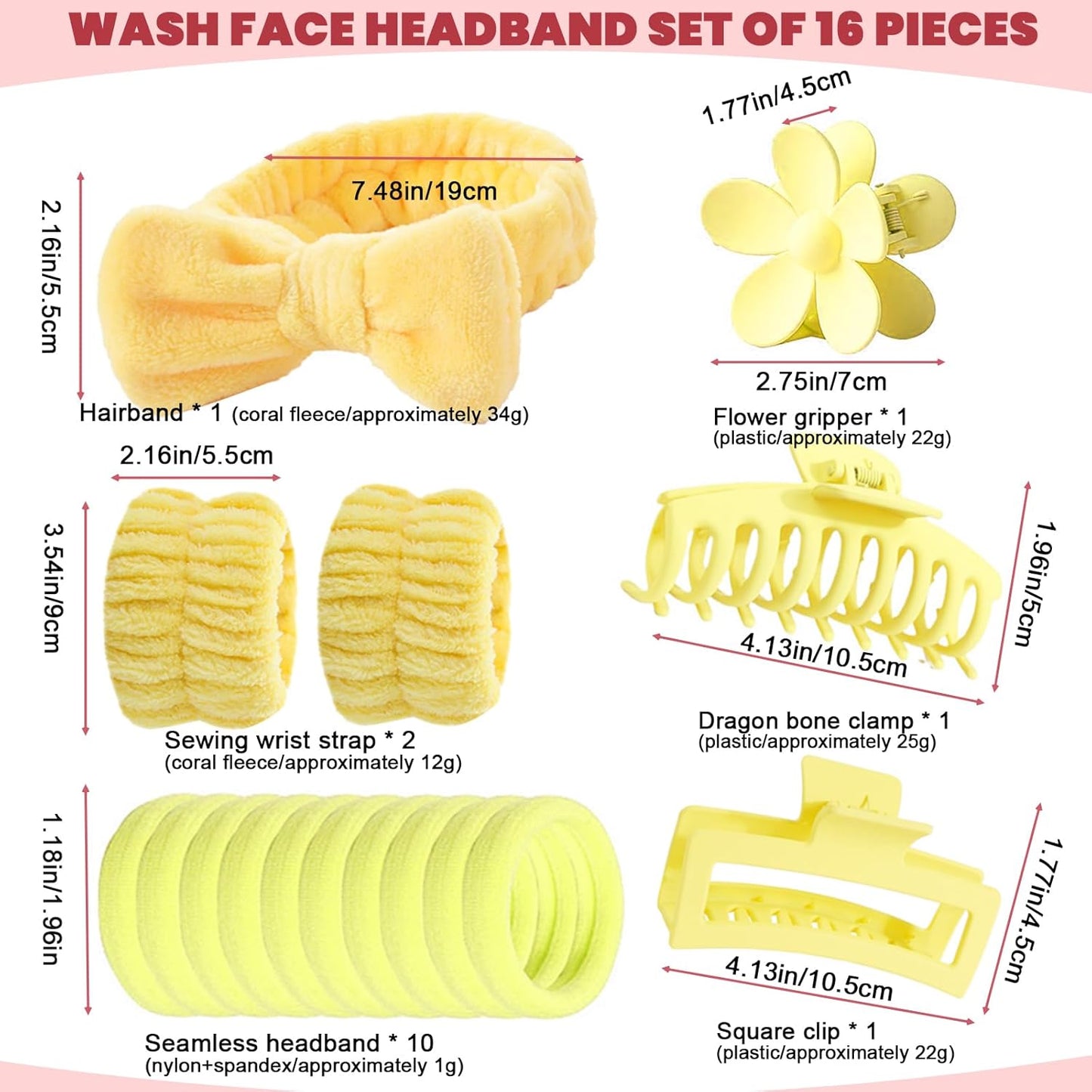 16 Pcs Skincare Headband Set, Face Washing Headband with Wristbands, Hair Claw Clips & Hair Ties, Spa Headbands for Women Girls, Perfect for Facial, Makeup, Shower, Gift Ready Box