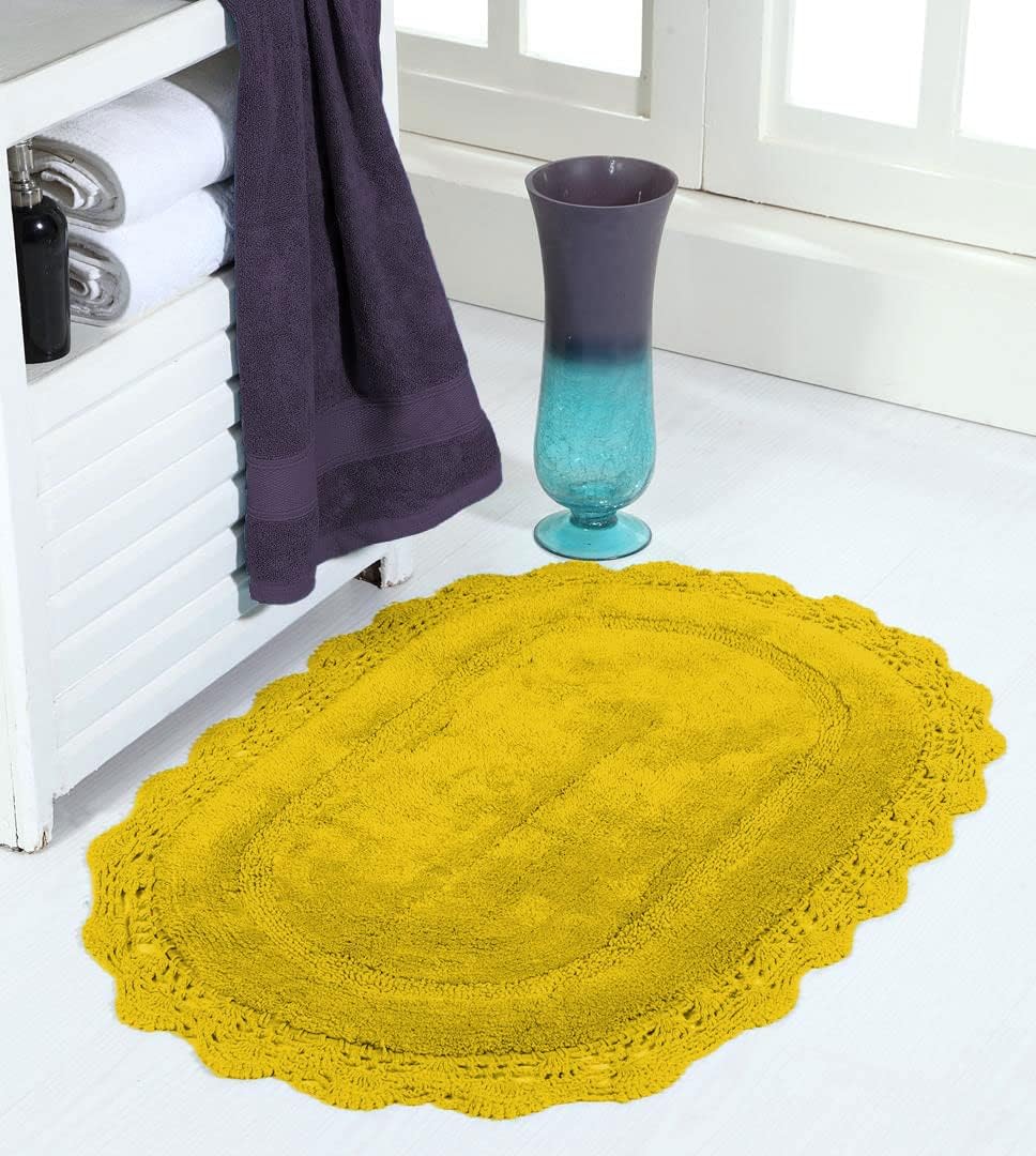 Crochet Collection - Designer, Plush 100% Cotton Round, Oval Bath Area Rug (20x32 inches, Yellow)