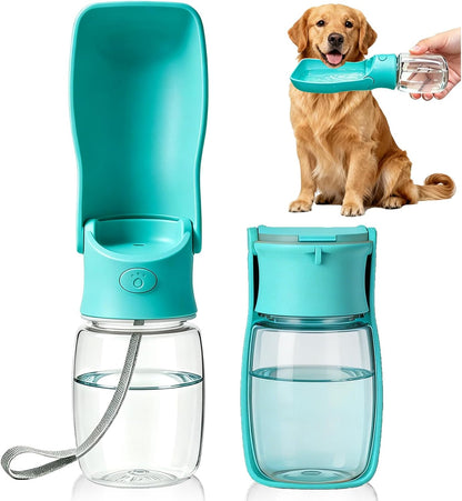 Foldable Dog Water Bottle, 12 oz Leak Proof Portable Dispenser (Green) | 5.5" Wide Drinking Tray, One-hand Operation, BPA Free, Food Grade ABS, Stable Base, Large Pet, Outdoor Walking Travel
