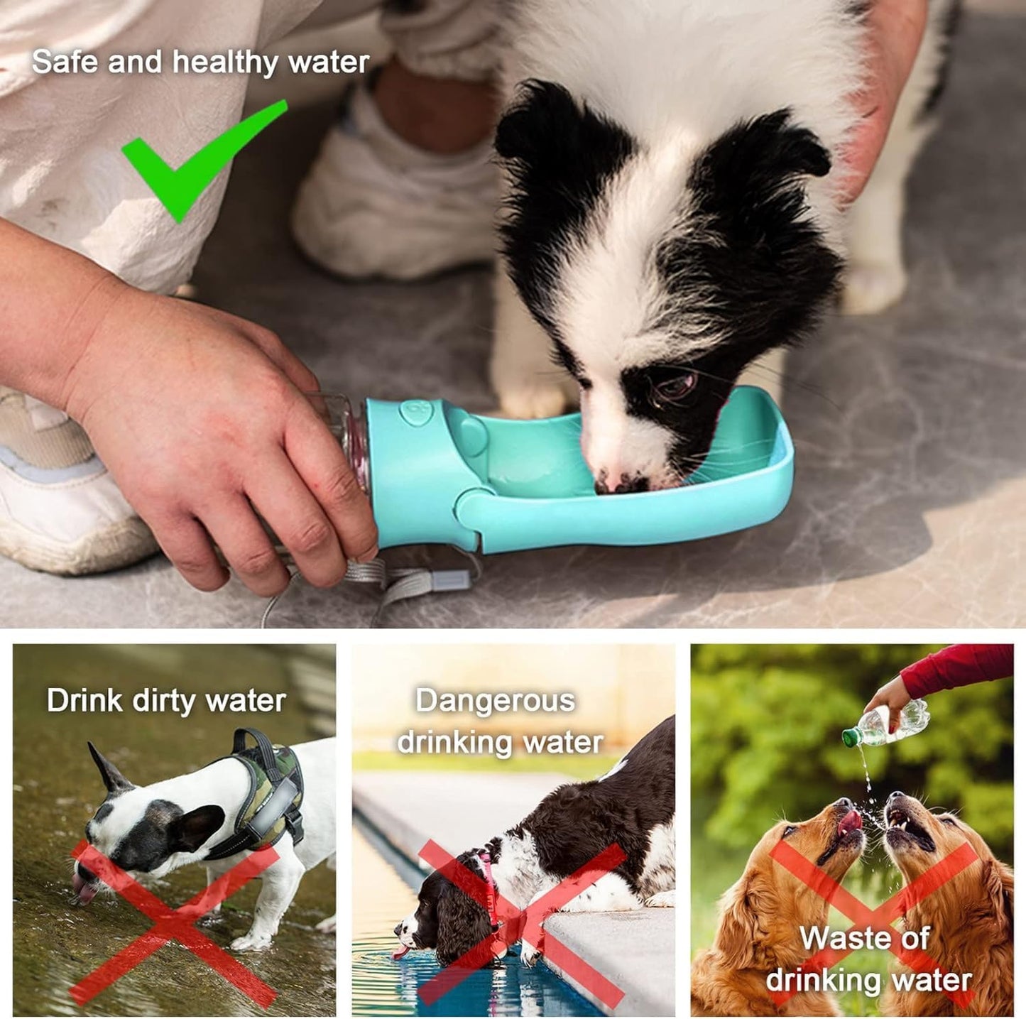 Foldable Dog Water Bottle, 12 oz Leak Proof Portable Dispenser (Green) | 5.5" Wide Drinking Tray, One-hand Operation, BPA Free, Food Grade ABS, Stable Base, Large Pet, Outdoor Walking Travel