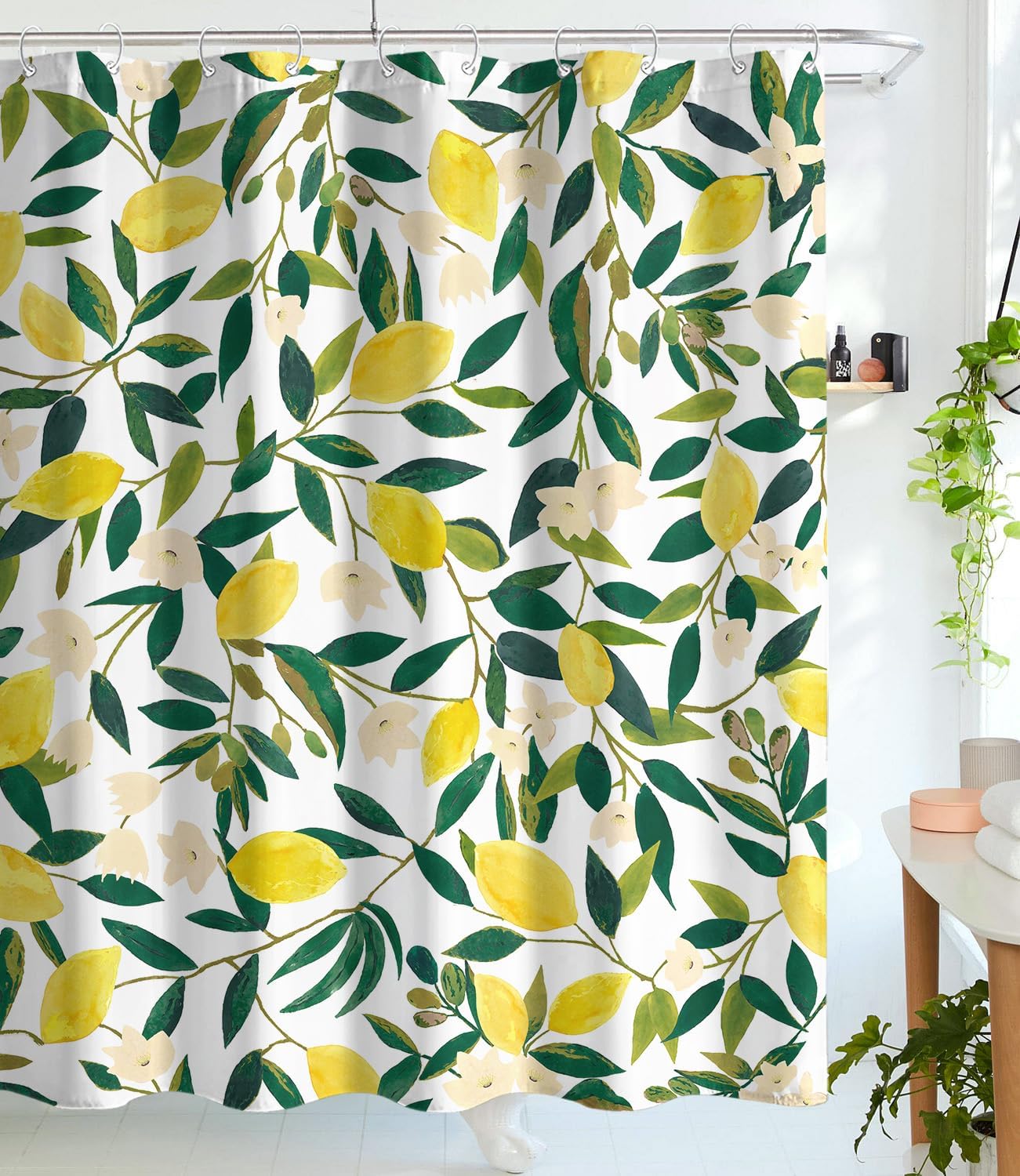Lemon Shower Curtain, Allover Fruits Green Leaves Plant Design Waterproof Fabric Bathroom Curtains Set with 12 Hooks, Green Yellow 72×72 inch