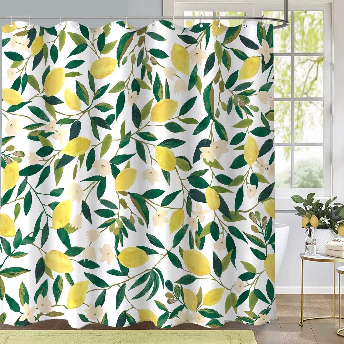 Lemon Shower Curtain, Allover Fruits Green Leaves Plant Design Waterproof Fabric Bathroom Curtains Set with 12 Hooks, Green Yellow 72×72 inch