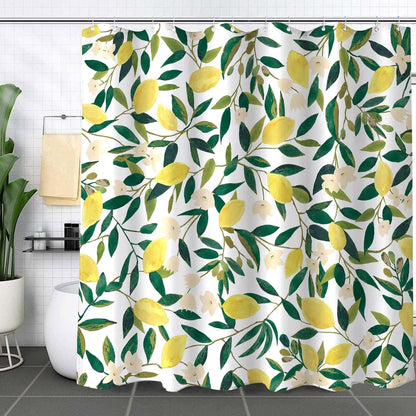 Lemon Shower Curtain, Allover Fruits Green Leaves Plant Design Waterproof Fabric Bathroom Curtains Set with 12 Hooks, Green Yellow 72×72 inch