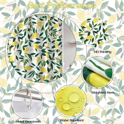 Lemon Shower Curtain, Allover Fruits Green Leaves Plant Design Waterproof Fabric Bathroom Curtains Set with 12 Hooks, Green Yellow 72×72 inch