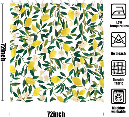 Lemon Shower Curtain, Allover Fruits Green Leaves Plant Design Waterproof Fabric Bathroom Curtains Set with 12 Hooks, Green Yellow 72×72 inch