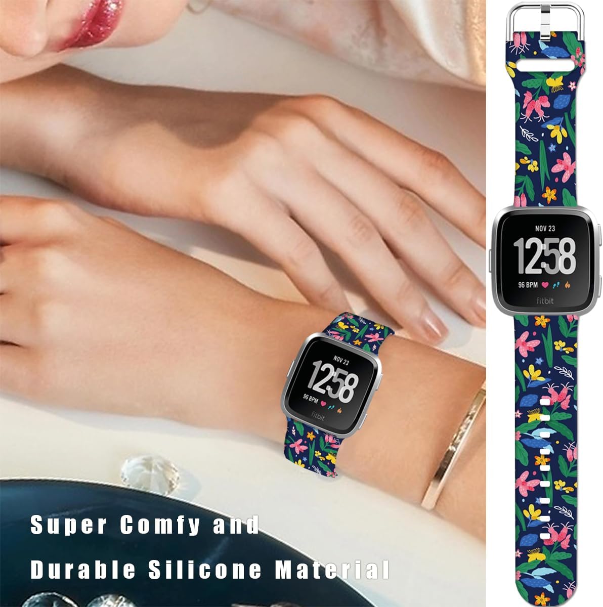 Soft Silicone Watch Bands Compatible with Fitbit Versa 2/Versa/Fitbit Versa Lite/SE Cartoon Band，23mm Cute Floral Pattern Printed Strap Replacement Wristband for Men Women Teens.
