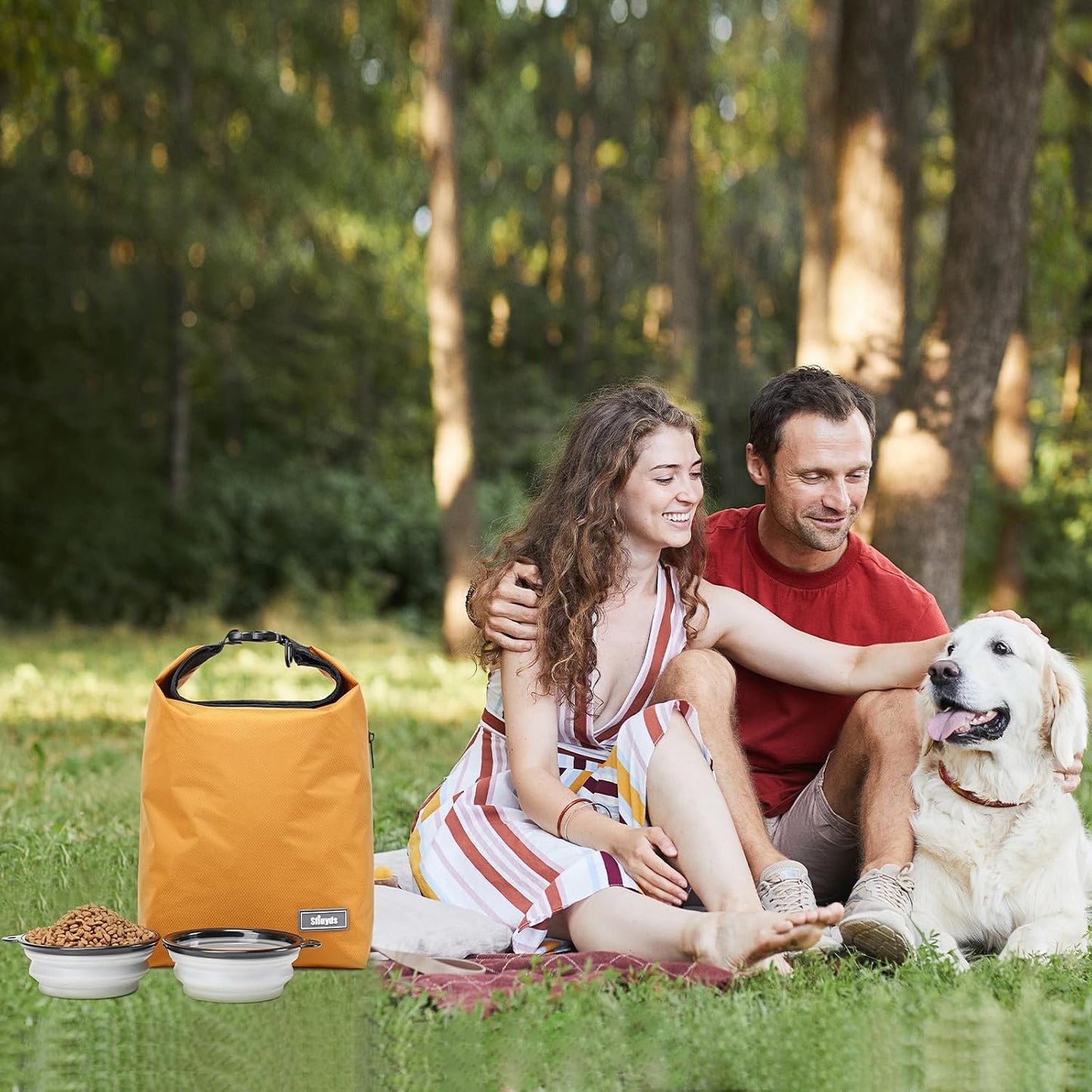 Pet Food Storage Dog Food Travel Container with 2PCS Collapsible Dog Travel Bowls Waterproof Kibble Storage Bag (Yellow, Small)