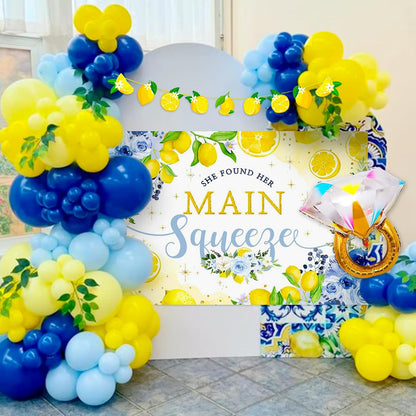 She Found Main Squeeze Backdrop Capri Lemon Party Bridal Shower Decorations | Blue Yellow Lemon Themed Bachelorette Wedding Party Decor Diamond Ring Balloon Party Supplies She Found Main Squeeze Backdrop