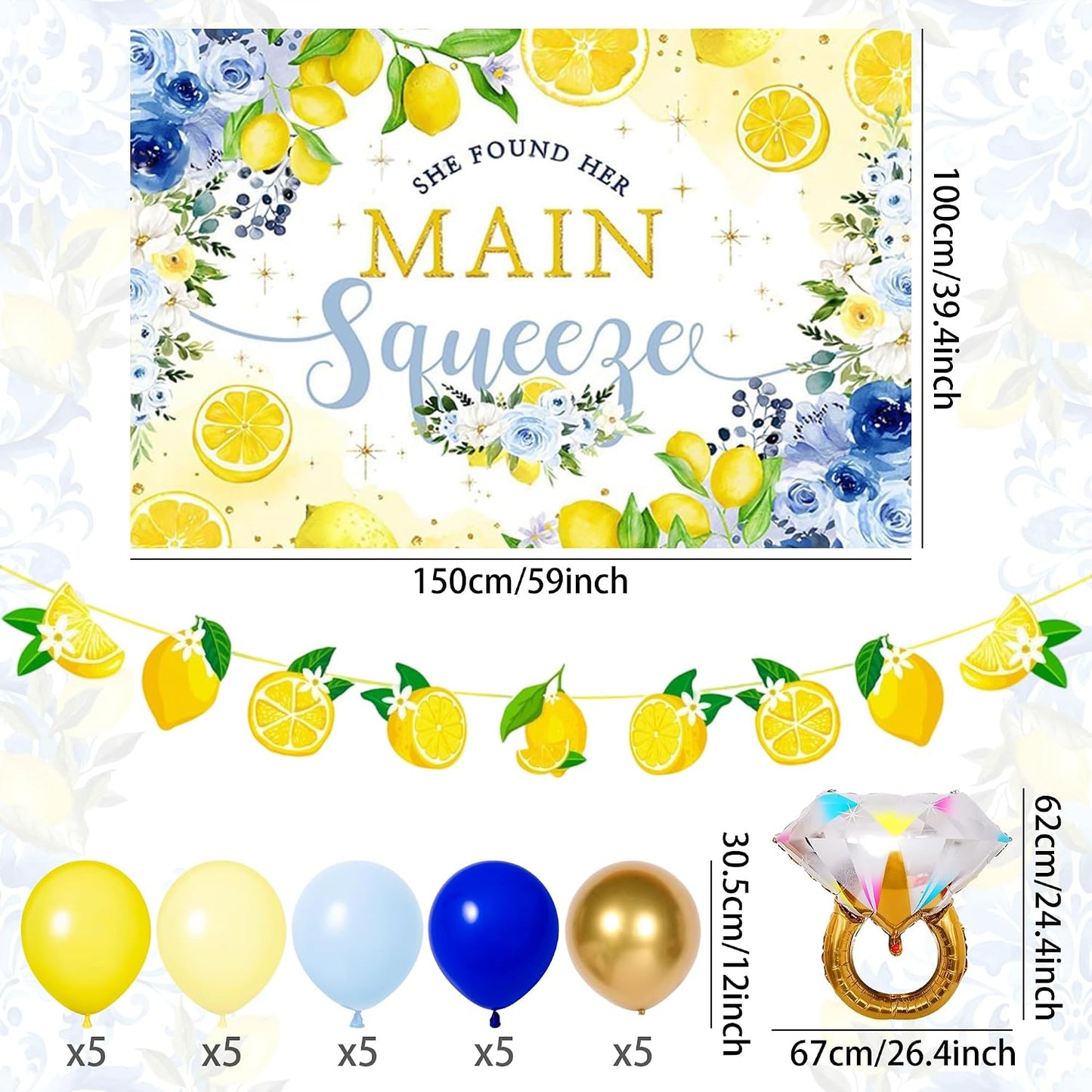 She Found Main Squeeze Backdrop Capri Lemon Party Bridal Shower Decorations | Blue Yellow Lemon Themed Bachelorette Wedding Party Decor Diamond Ring Balloon Party Supplies She Found Main Squeeze Backdrop