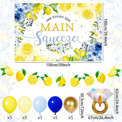 She Found Main Squeeze Backdrop Capri Lemon Party Bridal Shower Decorations | Blue Yellow Lemon Themed Bachelorette Wedding Party Decor Diamond Ring Balloon Party Supplies She Found Main Squeeze Backdrop