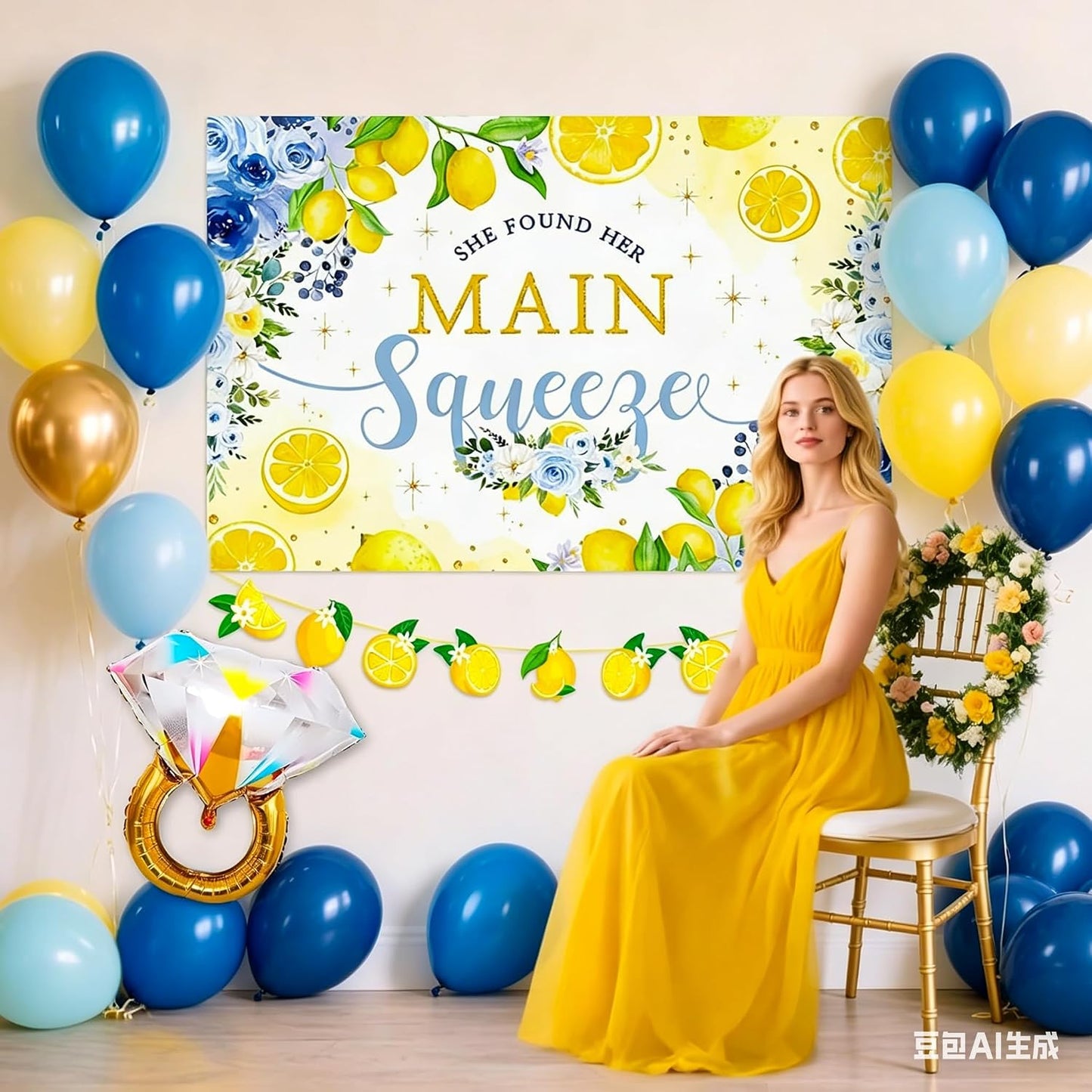 She Found Main Squeeze Backdrop Capri Lemon Party Bridal Shower Decorations | Blue Yellow Lemon Themed Bachelorette Wedding Party Decor Diamond Ring Balloon Party Supplies She Found Main Squeeze Backdrop