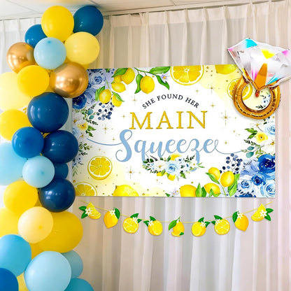 She Found Main Squeeze Backdrop Capri Lemon Party Bridal Shower Decorations | Blue Yellow Lemon Themed Bachelorette Wedding Party Decor Diamond Ring Balloon Party Supplies She Found Main Squeeze Backdrop