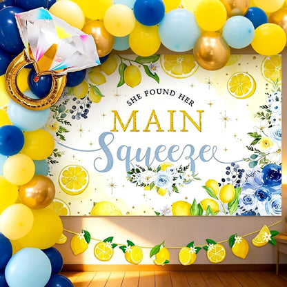 She Found Main Squeeze Backdrop Capri Lemon Party Bridal Shower Decorations | Blue Yellow Lemon Themed Bachelorette Wedding Party Decor Diamond Ring Balloon Party Supplies She Found Main Squeeze Backdrop
