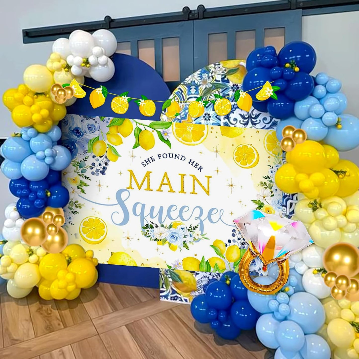 She Found Main Squeeze Backdrop Capri Lemon Party Bridal Shower Decorations | Blue Yellow Lemon Themed Bachelorette Wedding Party Decor Diamond Ring Balloon Party Supplies She Found Main Squeeze Backdrop