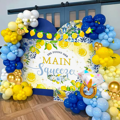 She Found Main Squeeze Backdrop Capri Lemon Party Bridal Shower Decorations | Blue Yellow Lemon Themed Bachelorette Wedding Party Decor Diamond Ring Balloon Party Supplies She Found Main Squeeze Backdrop