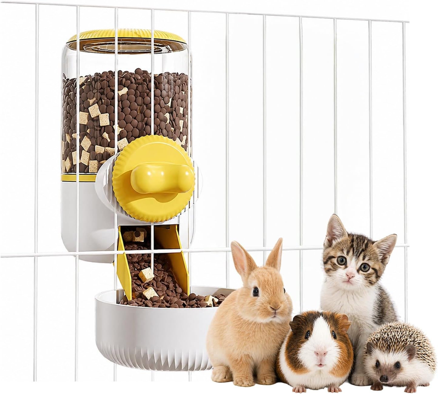Automatic Hanging Rabbit Feeder for Cages, 44oz Large Capacity | Pet Food Dispenser, Bunny Feeder Guinea Pig Hedgehog Ferret Puppy Small Animal Automatic Feeders（Feeder only, Yellow)