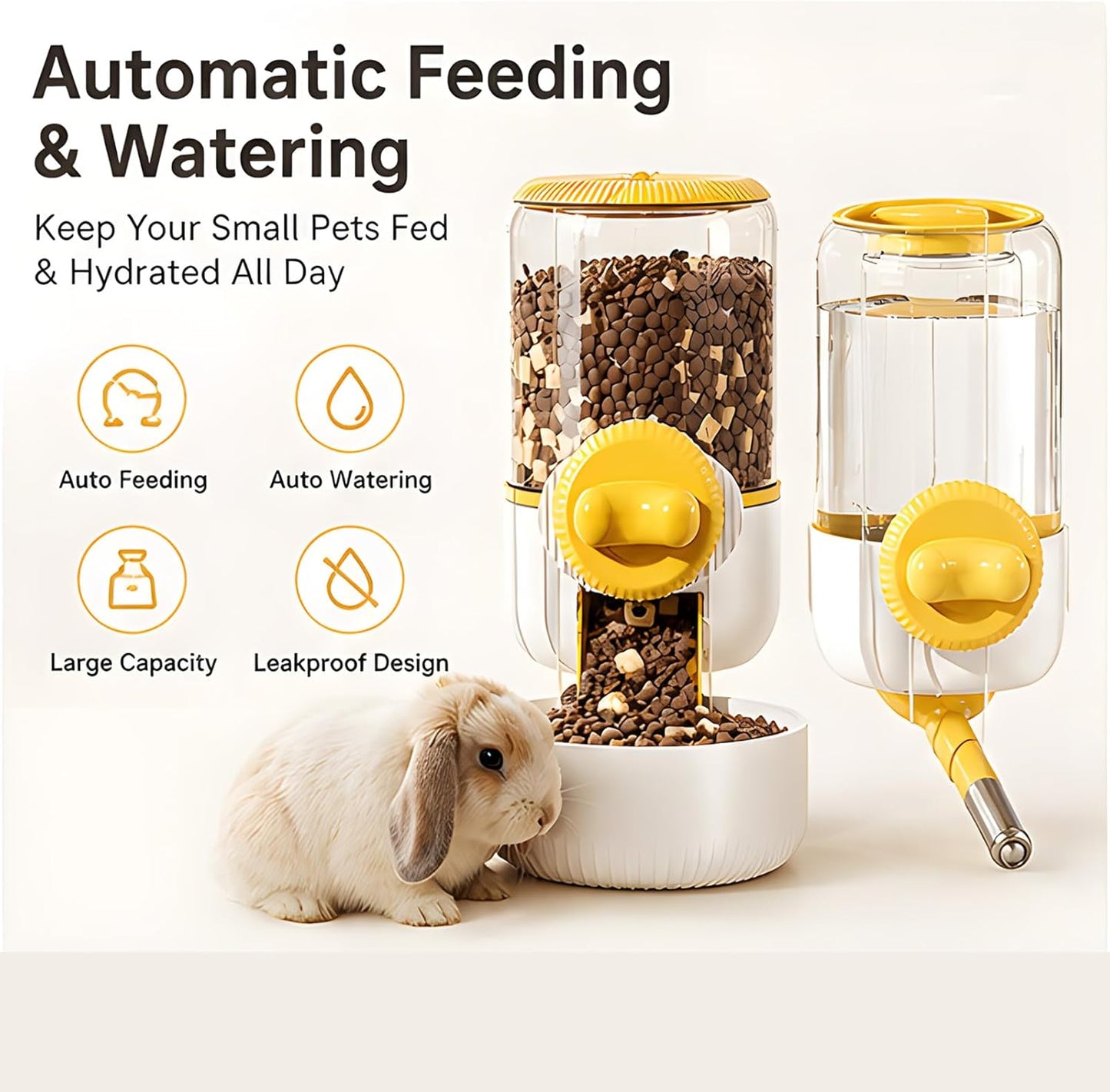 Automatic Hanging Rabbit Feeder for Cages, 44oz Large Capacity | Pet Food Dispenser, Bunny Feeder Guinea Pig Hedgehog Ferret Puppy Small Animal Automatic Feeders（Feeder only, Yellow)