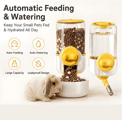 Automatic Hanging Rabbit Feeder for Cages, 44oz Large Capacity | Pet Food Dispenser, Bunny Feeder Guinea Pig Hedgehog Ferret Puppy Small Animal Automatic Feeders（Feeder only, Yellow)