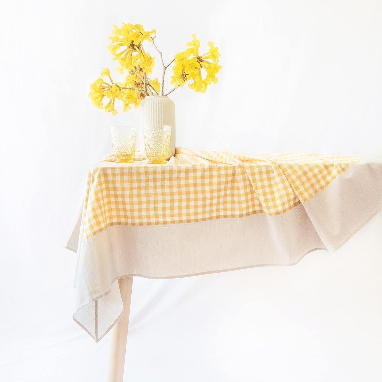 Gingham Checkered Farmhouse Rustic Picnic Style Decoration Rectangle Natural Stonewashed Cotton Tablecloth for Kitchen, Dining Room, Restaurant (55x70 inch, Yellow/Beige)