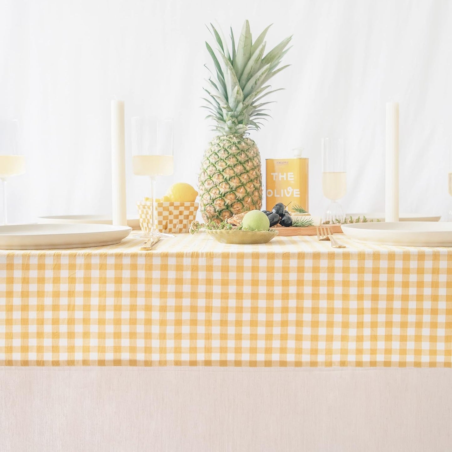 Gingham Checkered Farmhouse Rustic Picnic Style Decoration Rectangle Natural Stonewashed Cotton Tablecloth for Kitchen, Dining Room, Restaurant (55x70 inch, Yellow/Beige)