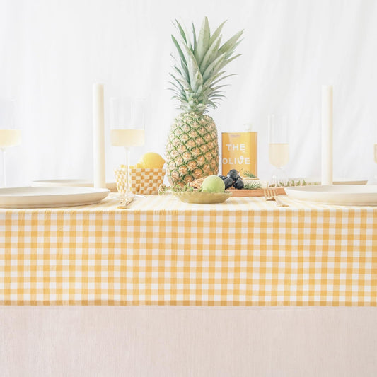 Gingham Checkered Farmhouse Rustic Picnic Style Decoration Rectangle Natural Stonewashed Cotton Tablecloth for Kitchen, Dining Room, Restaurant (55x70 inch, Yellow/Beige)