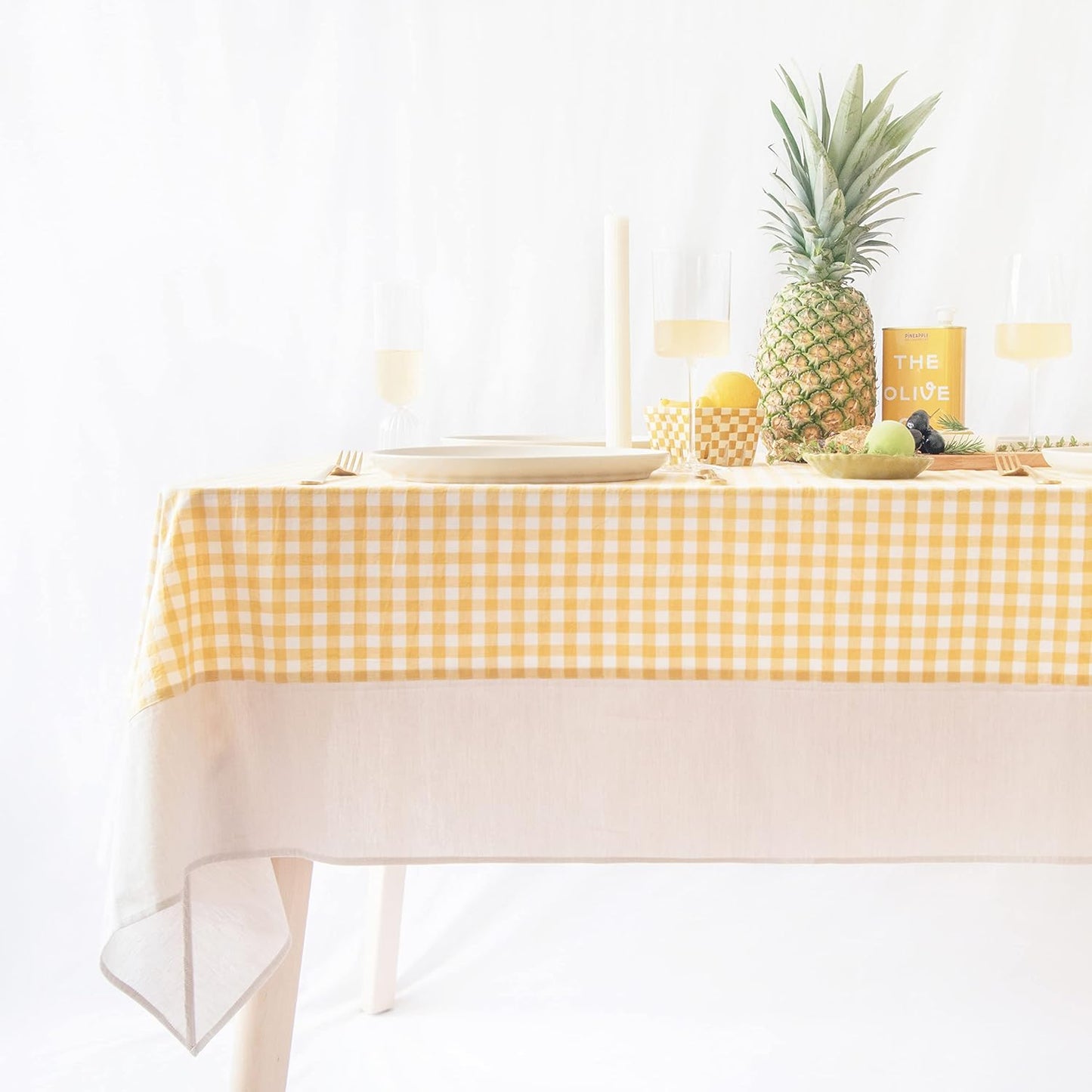 Gingham Checkered Farmhouse Rustic Picnic Style Decoration Rectangle Natural Stonewashed Cotton Tablecloth for Kitchen, Dining Room, Restaurant (55x70 inch, Yellow/Beige)