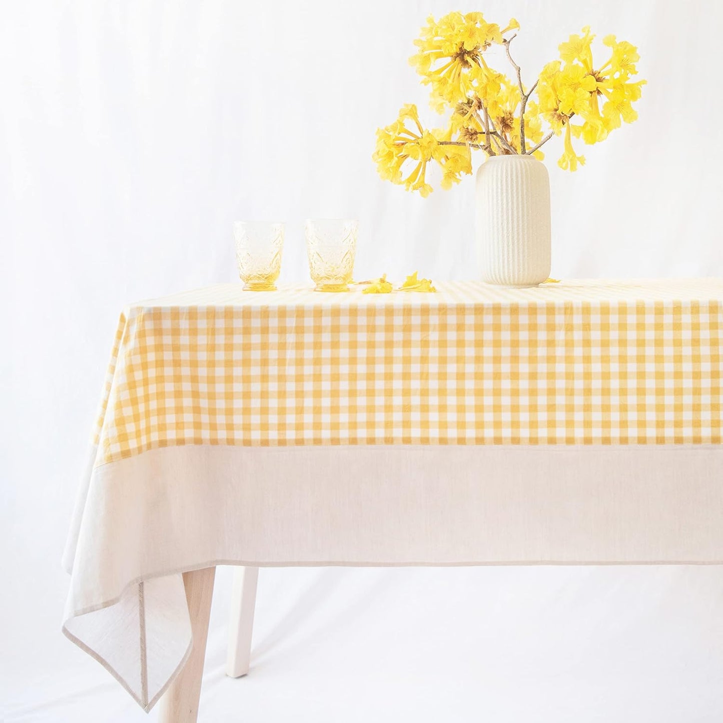 Gingham Checkered Farmhouse Rustic Picnic Style Decoration Rectangle Natural Stonewashed Cotton Tablecloth for Kitchen, Dining Room, Restaurant (55x70 inch, Yellow/Beige)