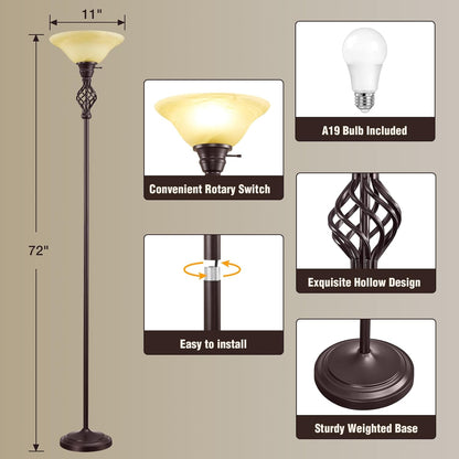 GyroVu Torchiere Floor Lamp for Living Room, LED Standing Reading Light for Bedroom with Glass Shade for Living Room Corner Bedroom Home Office,Bulbs Included (Yellow Lampshade, Glass 1 Head)