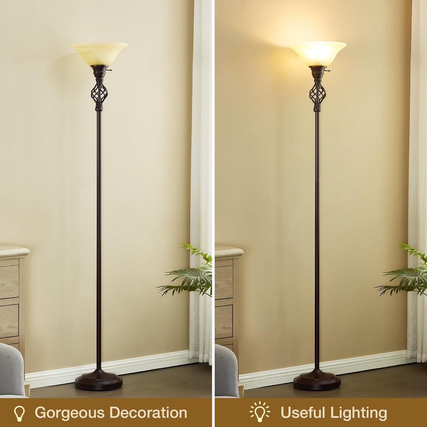 GyroVu Torchiere Floor Lamp for Living Room, LED Standing Reading Light for Bedroom with Glass Shade for Living Room Corner Bedroom Home Office,Bulbs Included (Yellow Lampshade, Glass 1 Head)