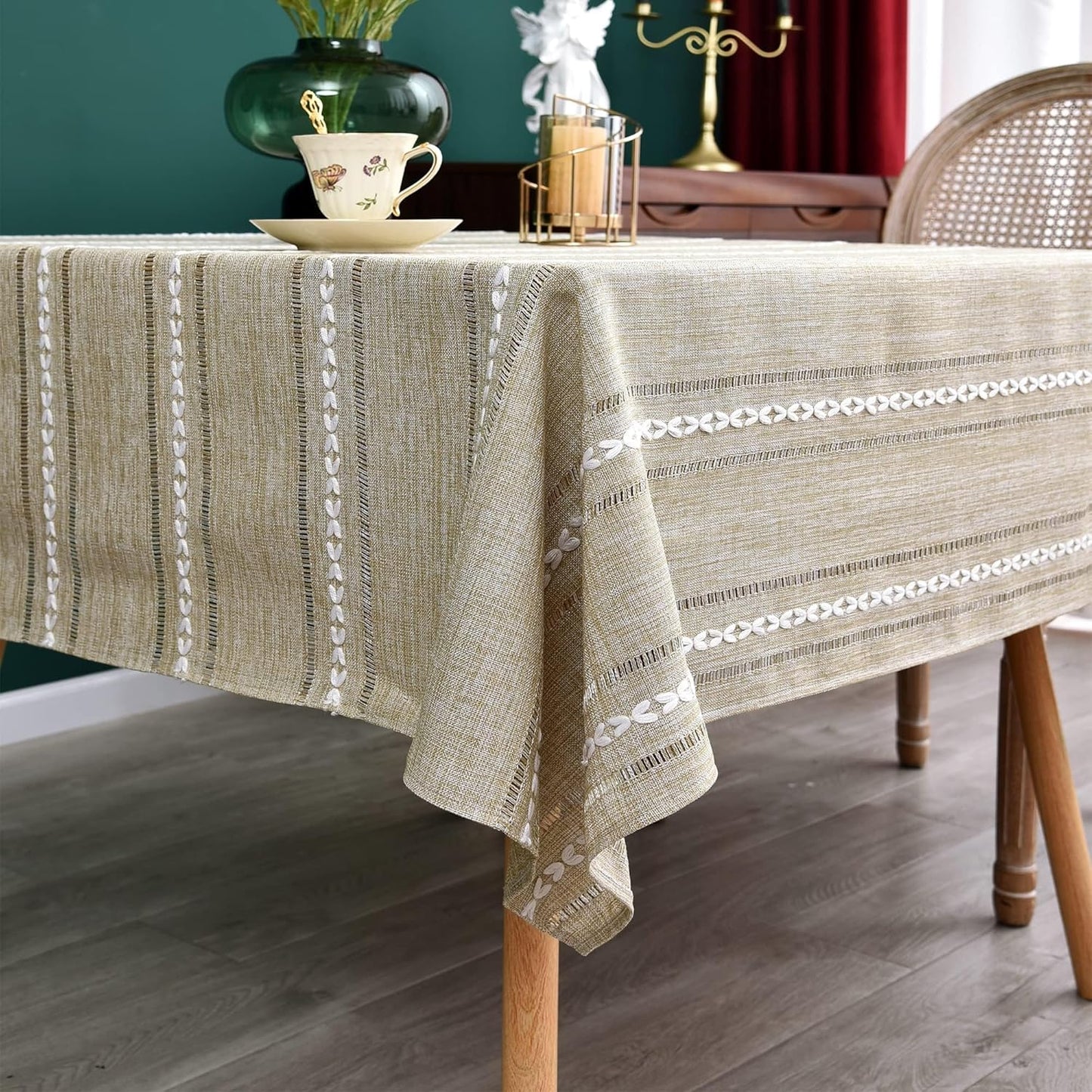 Farmhouse Embroidered 52x52 Inch Square Tablecloth Linen Texture | Yellow Square Table Cloth, Rustic Jacquard Striped Tablecloth, Washable Dining Table Cover for Kitchen Home Decoration