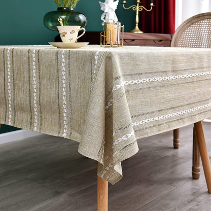 Farmhouse Embroidered 52x52 Inch Square Tablecloth Linen Texture | Yellow Square Table Cloth, Rustic Jacquard Striped Tablecloth, Washable Dining Table Cover for Kitchen Home Decoration