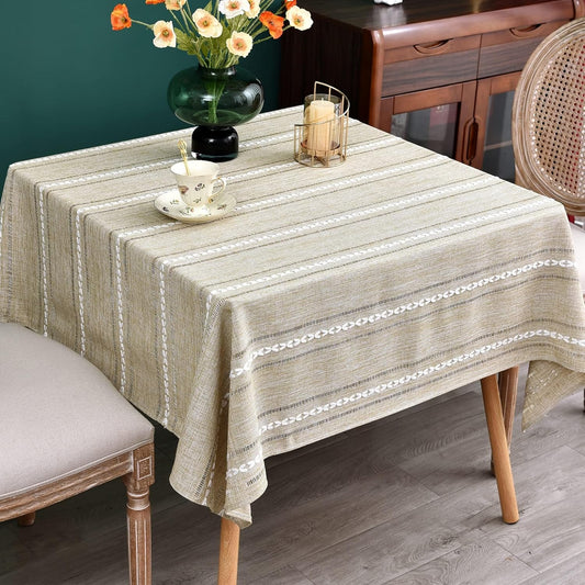 Farmhouse Embroidered 52x52 Inch Square Tablecloth Linen Texture | Yellow Square Table Cloth, Rustic Jacquard Striped Tablecloth, Washable Dining Table Cover for Kitchen Home Decoration