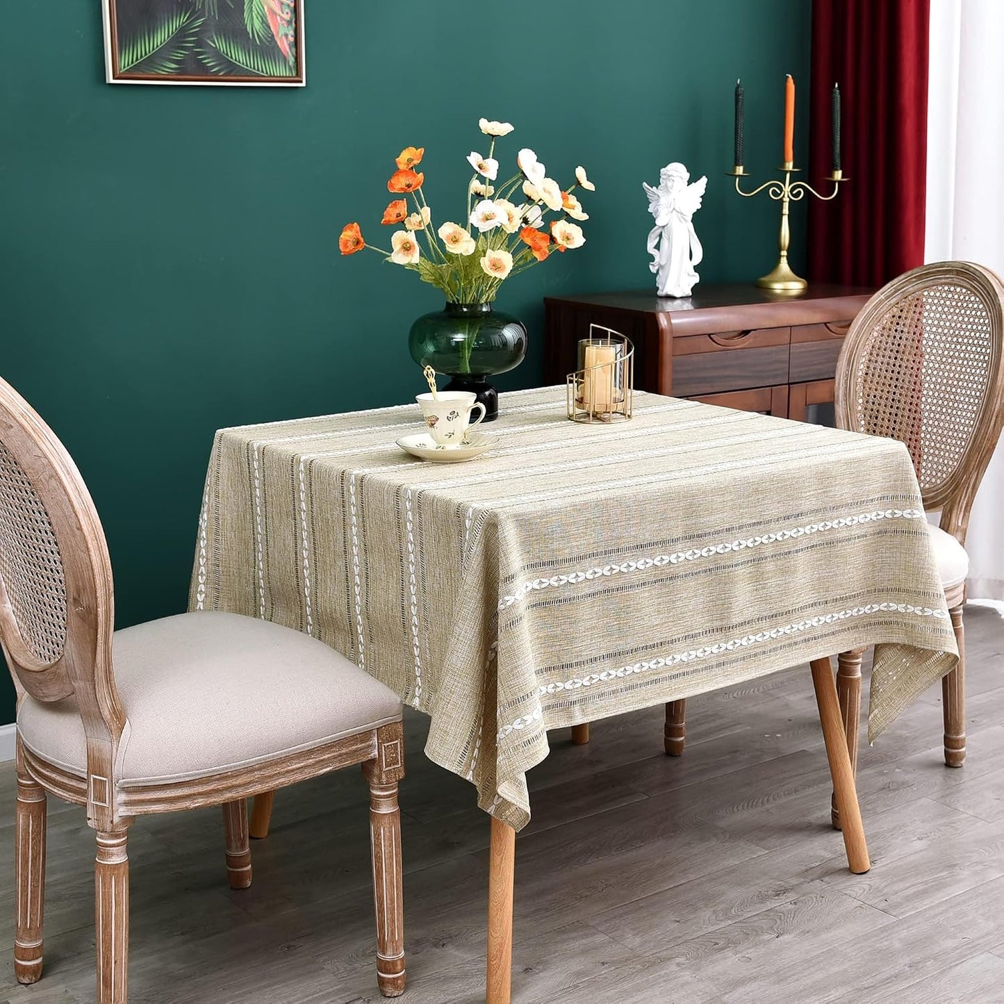Farmhouse Embroidered 52x52 Inch Square Tablecloth Linen Texture | Yellow Square Table Cloth, Rustic Jacquard Striped Tablecloth, Washable Dining Table Cover for Kitchen Home Decoration