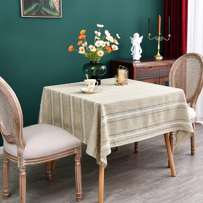 Farmhouse Embroidered 52x52 Inch Square Tablecloth Linen Texture | Yellow Square Table Cloth, Rustic Jacquard Striped Tablecloth, Washable Dining Table Cover for Kitchen Home Decoration