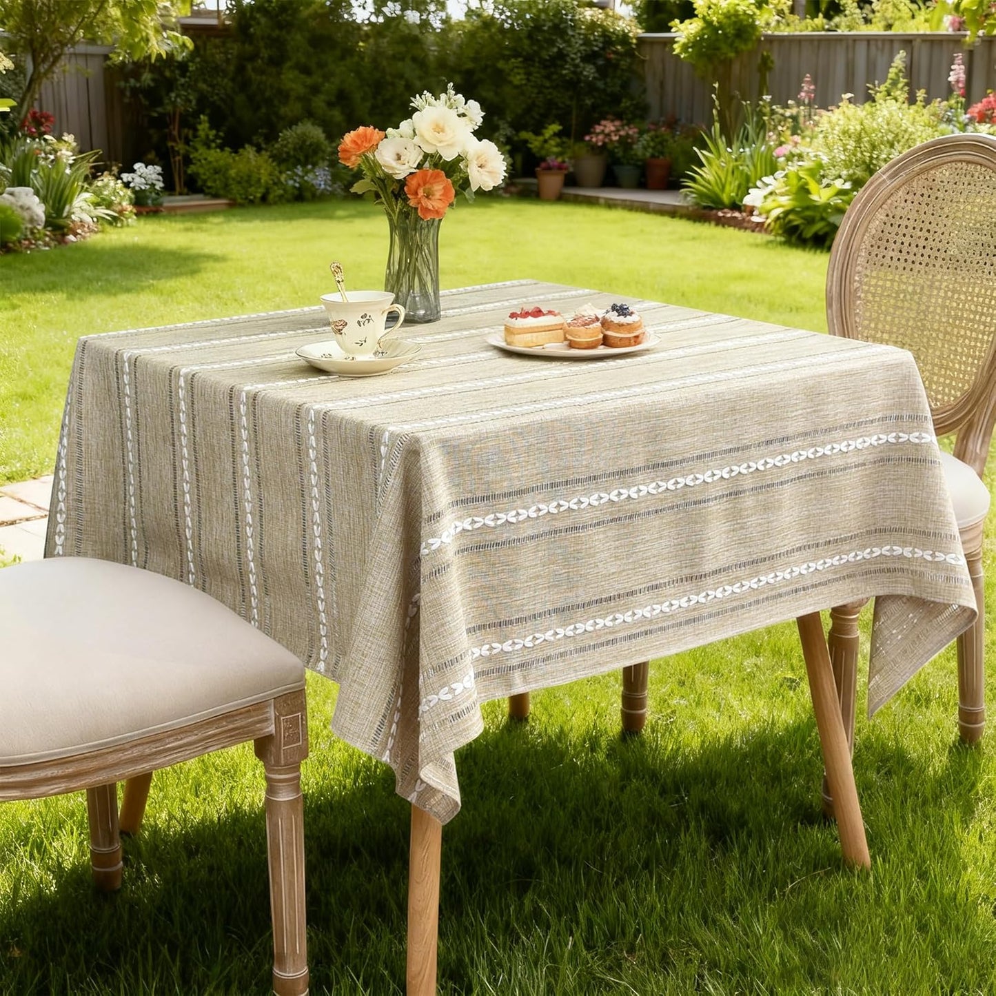 Farmhouse Embroidered 52x52 Inch Square Tablecloth Linen Texture | Yellow Square Table Cloth, Rustic Jacquard Striped Tablecloth, Washable Dining Table Cover for Kitchen Home Decoration