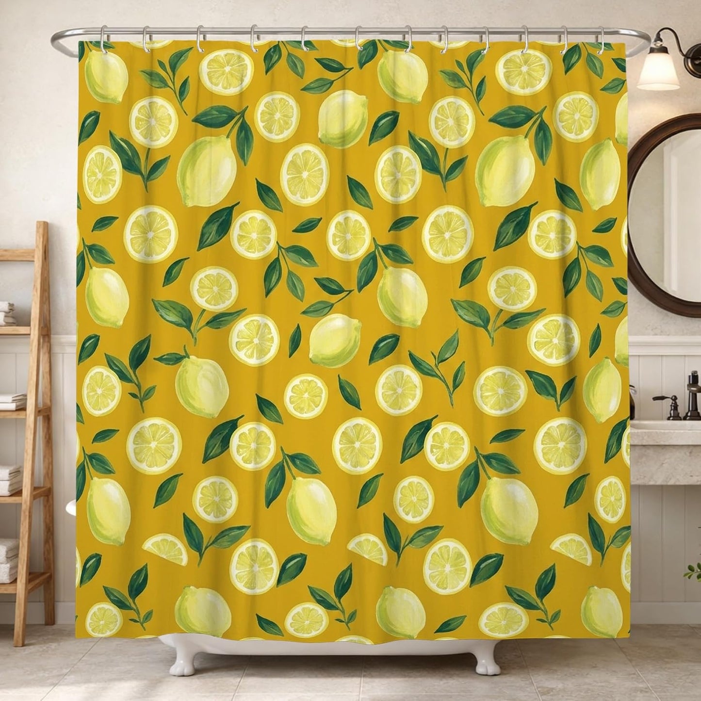 Lemon Shower Curtain, Summer Fresh Lime Leaf Summer Yellow Polyester Waterproof Bathtub Cloth Curtains Decor for Bathroom Guest Room 62x72 Inch