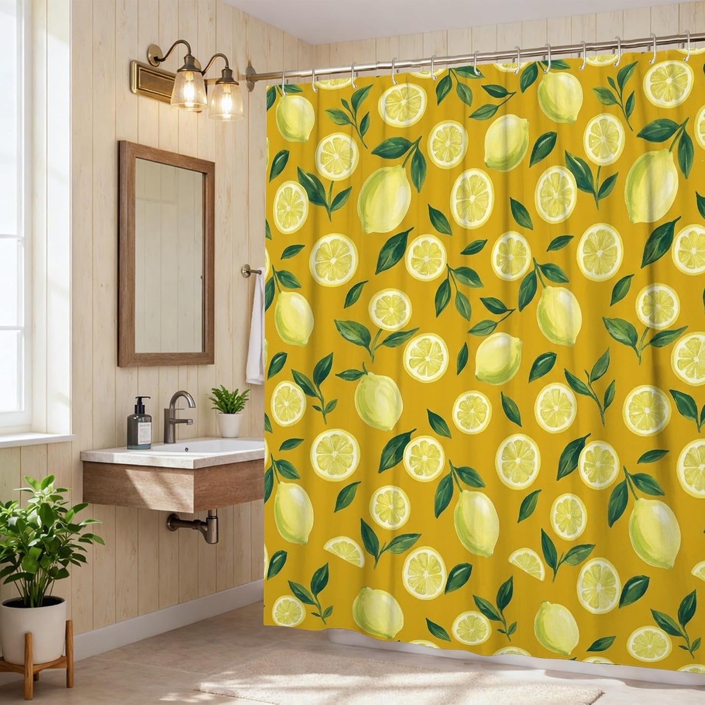 Lemon Shower Curtain, Summer Fresh Lime Leaf Summer Yellow Polyester Waterproof Bathtub Cloth Curtains Decor for Bathroom Guest Room 62x72 Inch