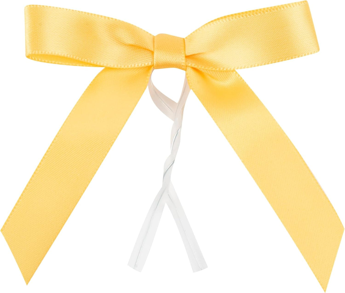 Gift Tek 3 x 2.5 Inch Satin Ribbon Bows, 100 Twist Tie Bows - Pre-Tied, Vibrant, Gold Polyester Gift Wrapping Bow, For Treat Bags, Crafts, Packages, Decoration
