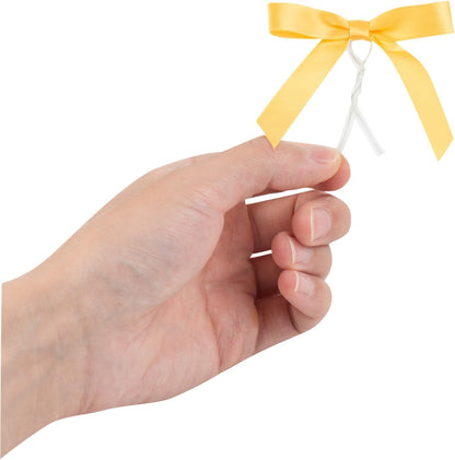 Gift Tek 3 x 2.5 Inch Satin Ribbon Bows, 100 Twist Tie Bows - Pre-Tied, Vibrant, Gold Polyester Gift Wrapping Bow, For Treat Bags, Crafts, Packages, Decoration